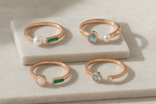 Rose gold engagement bands with emerald inlays, pearls, and geometric details on gray marble.