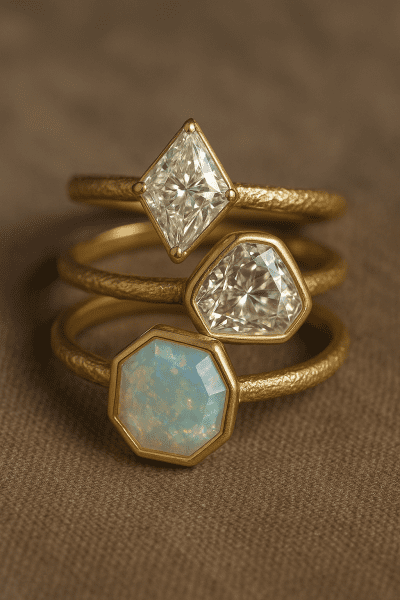 Macro of cluster rings with unique diamond, opal, and moissanite cuts on taupe linen.