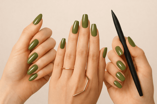 Three hands showing olive green nails in almond, coffin, and squoval shapes, each holding a modern accessory.
