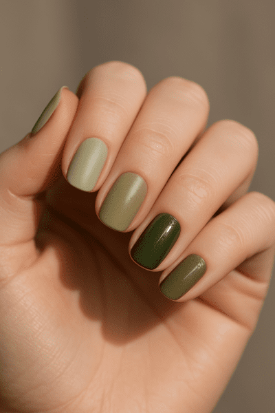 A manicured hand displays nails in a range of olive green shades and finishes against a neutral taupe background.