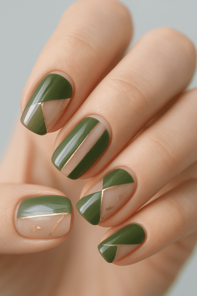 A hand with olive green geometric negative space nail art and gold foil accents on a pale gray background.