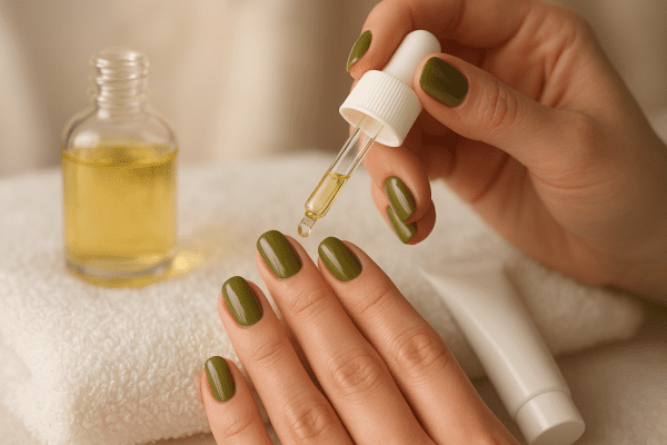 A hand with glossy olive nails applies cuticle oil and cream on a white towel, spa-style props nearby.