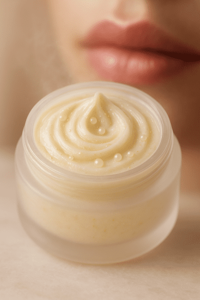 Extreme macro of a peptide-rich lip balm with visible nourishing ingredients and glowing hydrated lips, set in a minimalist spa.