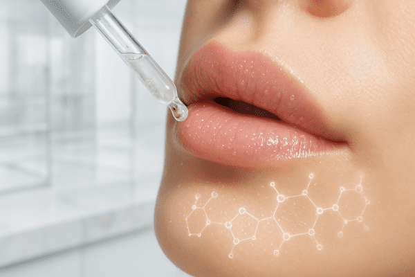 Close-up of lips absorbing peptide and hyaluronic serum, with glowing hydration and a clinical lab background.