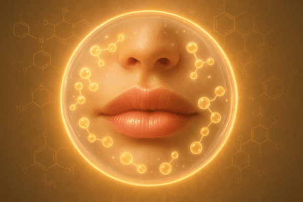 Artistic visualization of a ceramide and peptide barrier protecting healthy, glowing lips with a science-inspired background.