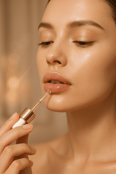 Editorial image of a model applying peptide serum, lips appear plump and glossy, with an elegant, softly blurred vanity background.
