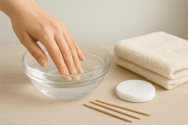 Hand soaking in acetone for safe removal of press on nails, with cuticle sticks, cotton pads, and a soft towel on a clean table.