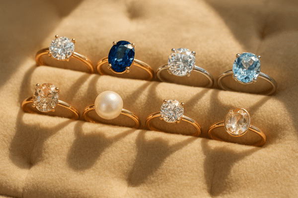 A plush velvet surface displays assorted engagement rings with different gemstones and metal settings, arranged in a refined arc.