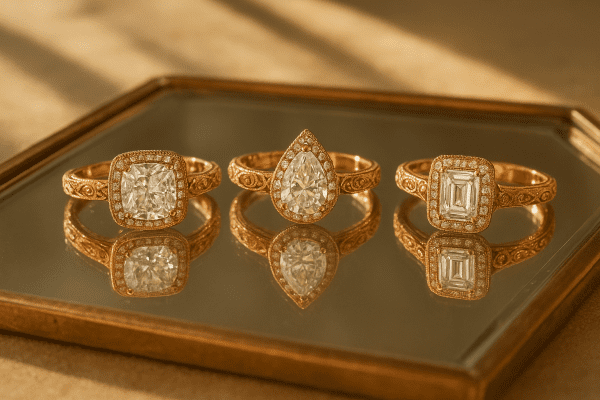 Three vintage-inspired engagement rings featuring cushion, pear, and emerald cuts reflected on a mirrored tray.