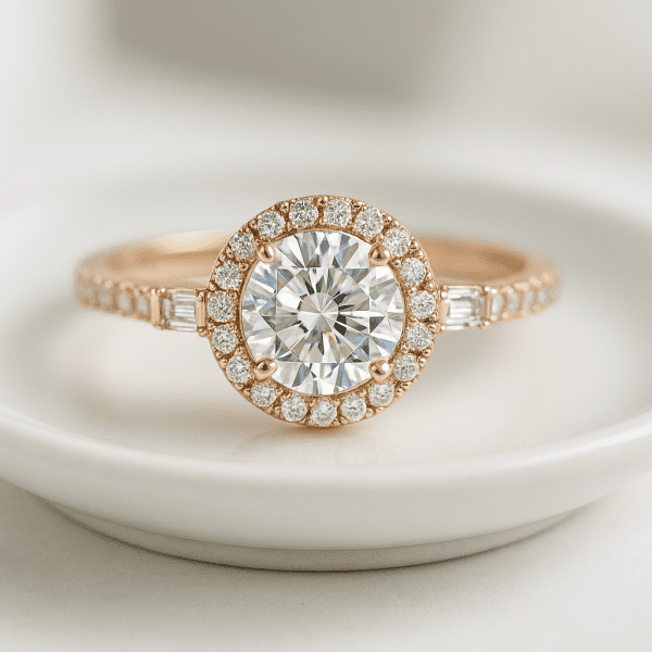 Rose gold engagement ring with pav\u00e9 halo and baguette diamonds displayed on a minimalist ceramic plate.