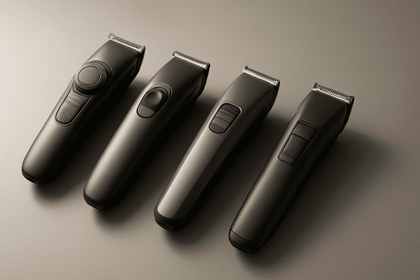 Array of premium beard trimmers with visible unique features on a matte-grey tabletop.