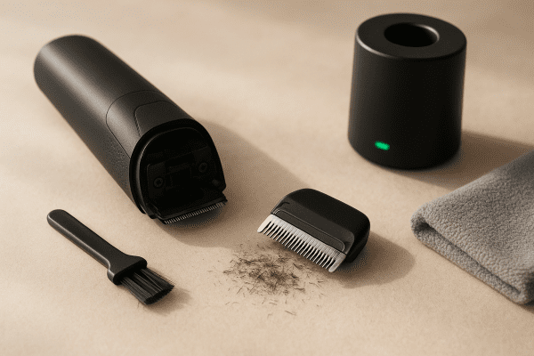Beard trimmer head being cleaned with brush, charging dock with lit battery indicator, microfiber cloth beside.
