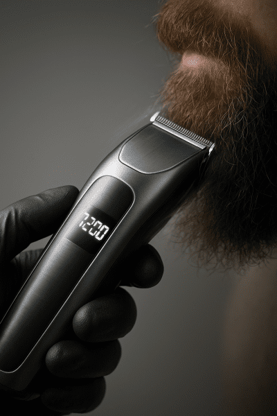 Powerful beard trimmer in action, fast blades with motion blur, digital RPM display, gloved hand holding.