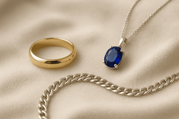 A refined display of genuine gold, silver, and gemstone jewelry pieces on a cream velvet cloth, highlighting hallmark and gemstone brilliance.