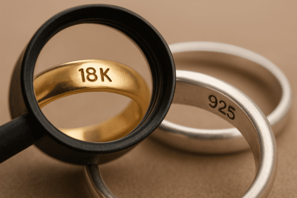 A jeweler's loupe examining hallmark and purity stamps on gold and silver jewelry, with markings shown in sharp detail.