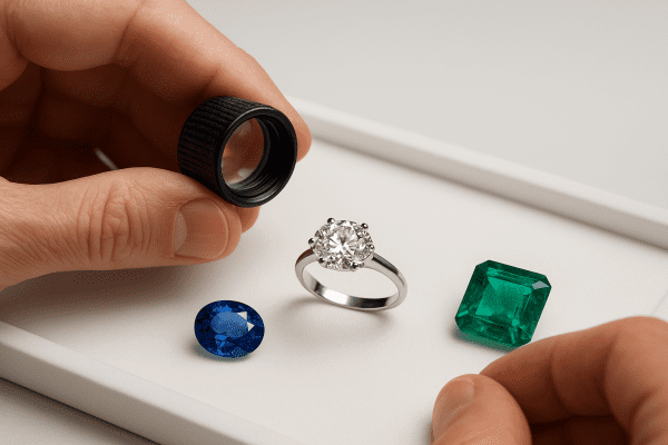 A jeweler inspects a diamond ring, sapphire, and emerald on a white tray with a loupe, focusing on gemstone authenticity and clarity.