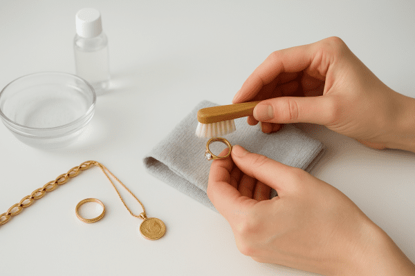 Hands gently cleaning real jewelry pieces with a soft brush and microfiber towel on a neat white surface.