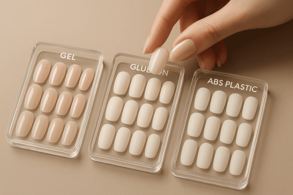 Hand model pinching reusable nail tips made from gel, glue, and ABS plastic, each set in acrylic trays on a taupe background.