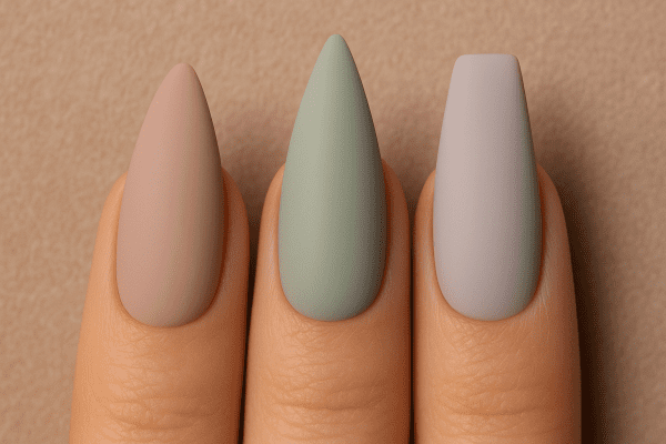 Close-up of a hand model with almond, stiletto, and coffin-shaped reusable nails in muted pastels on a beige background.