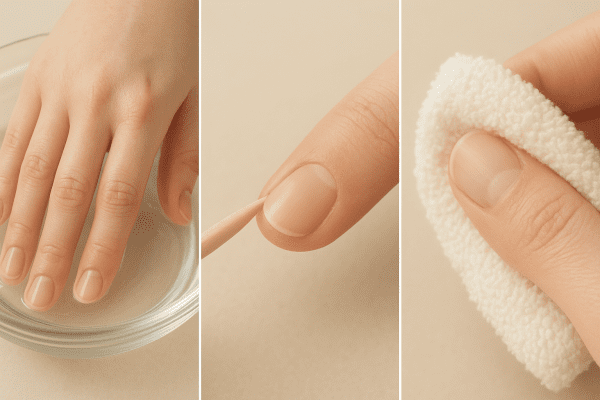 Three stages of reusable nail removal: soaking, gentle lifting, and cleaning shown in a clean, organized layout.