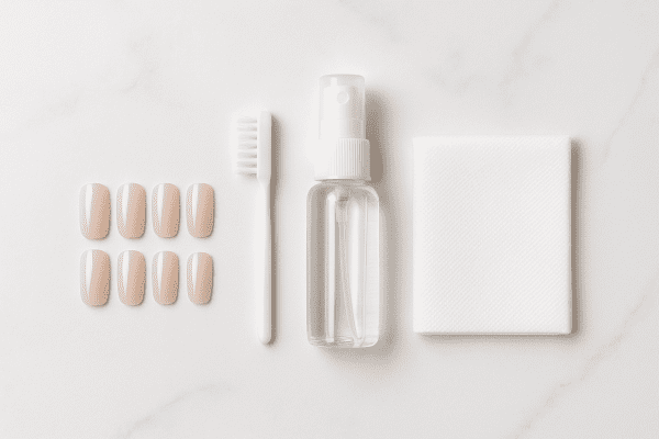 Clean reusable nails, brush, disinfectant spray, and lint-free cloth arranged in cleaning order on white marble.