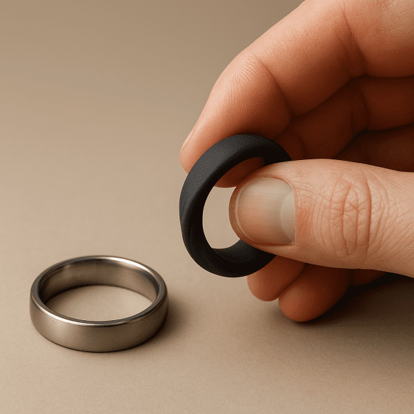 Hand twisting a silicone ring next to a metal ring, showing resilience and flexibility.
