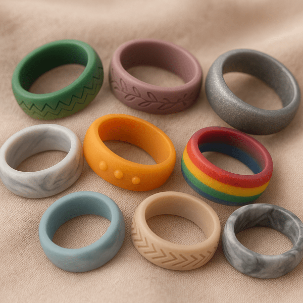 Custom silicone wedding rings with engravings, beads, ombre, metallic, rainbow, and marble effects on soft fabric.