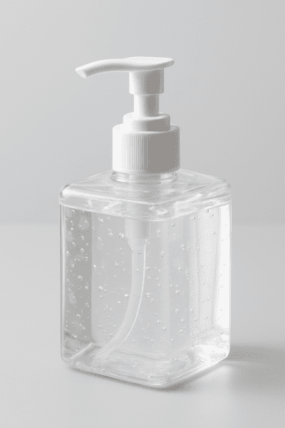 Contemporary square hand sanitizer bottle with pump on a light gray background, clear gel visible.
