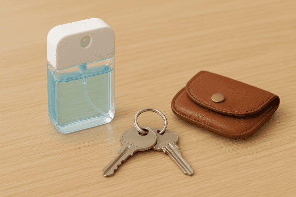 Compact square sanitizer spray bottle, pale blue liquid, with keys and a leather pouch on a wood surface.