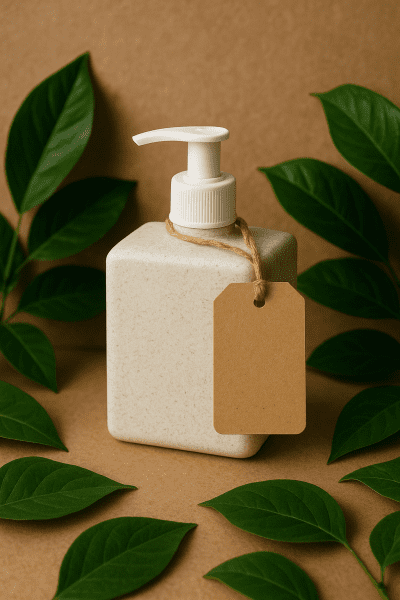 Eco square sanitizer bottle with recycled paper tag and green leaves on an earth-toned backdrop.