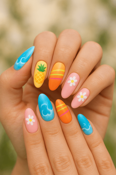 Close-up of hands with vivid summer nail art: ocean waves, pineapples, neon stripes, pastel daisies.