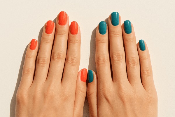 Overhead view of two hands: one with ultra-glossy gel polish, one with classic finish in matching summer shades.