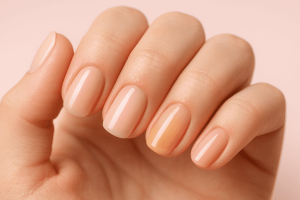 Macro view of a hand showing each summer manicure protection step on separate fingers.