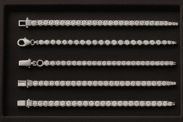 Various tennis bracelets in a velvet tray, highlighting different lengths, clasp mechanisms, and settings.