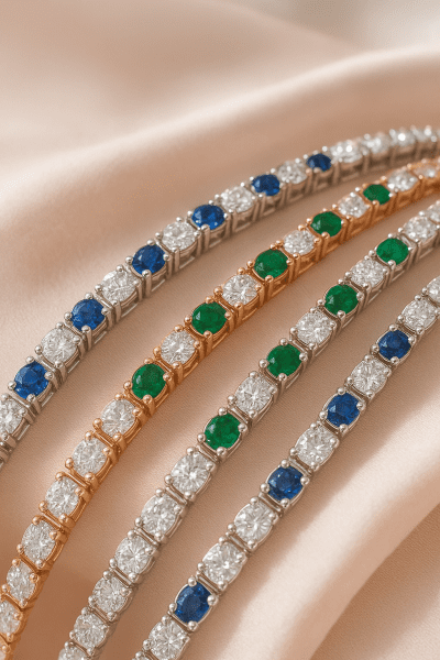 White gold, rose gold, and platinum tennis bracelets with diamonds, sapphires, and emeralds fan out on a blush silk runner.