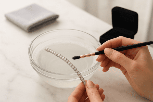 Hands cleaning a diamond tennis bracelet with a jewelry brush over a bowl of solution, on a polished marble countertop.