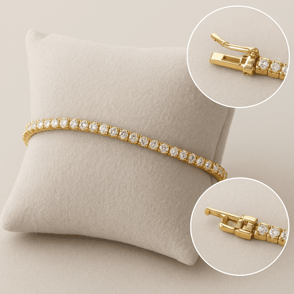 Gold tennis bracelet on a suede pillow with close-up insets of the open and closed clasp.
