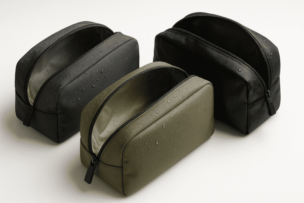 Various water-resistant toiletry bags of nylon, polyester, and TPU with visible water droplets on a white surface, interiors open.