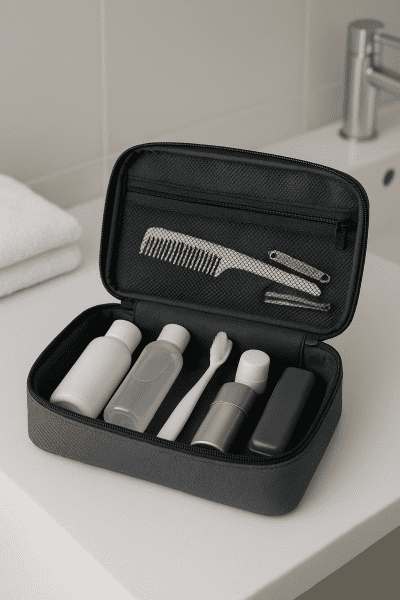 Open travel toiletry bag with separated mesh compartments displaying organized toiletries on a hotel bathroom vanity.