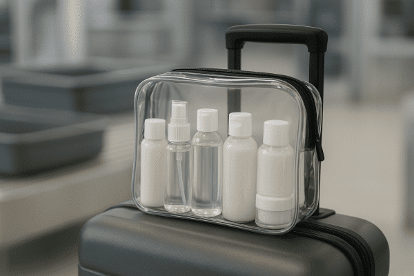 Clear quart-size bag filled with TSA-allowed bottles on a suitcase, with airport security trays blurred in background.