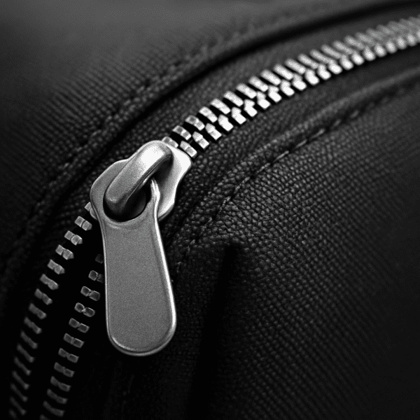 Macro shot of a strong zipper with detailed teeth and stitching on a nylon toiletry bag, background softly blurred.