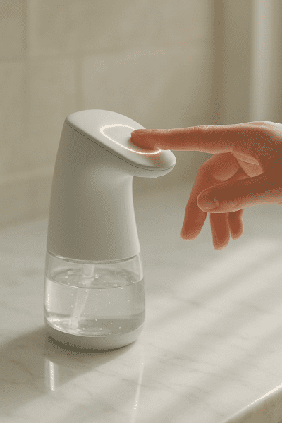 Detailed close-up of a modern gel hand sanitizer dispenser with an ergonomic touch area, placed on a marble bathroom counter.