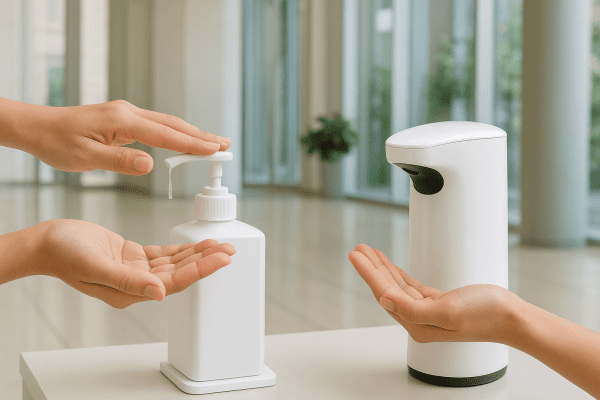 Manual pump and touchless gel sanitizer dispensers side by side, hands reaching to operate each in a modern lobby.
