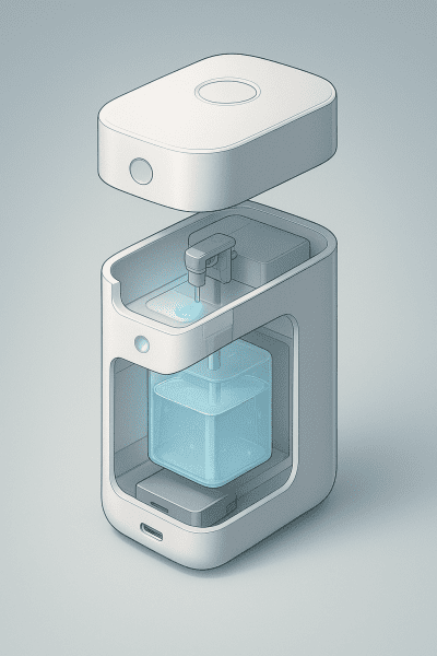 Exploded technical cutaway of a compact touch hand sanitizer showing its internal parts and design.