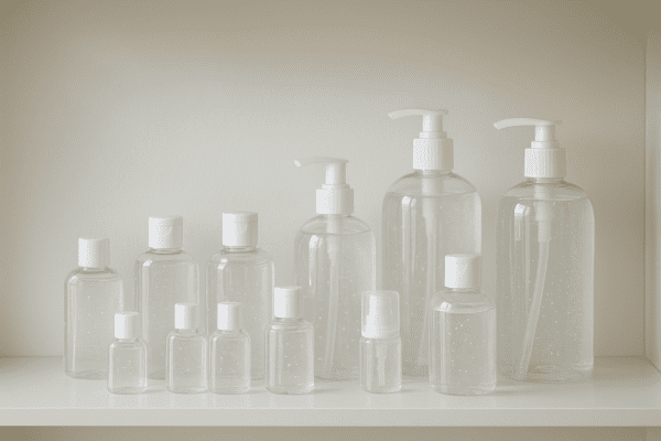 Clean sanitizer bottles and travel cases neatly organized on a minimalist storage shelf.