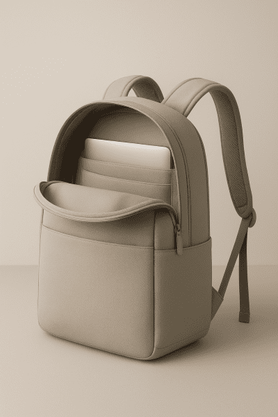 An advanced travel bookbag with ergonomic design, padded straps, and open compartments, displayed in a minimalist setting.