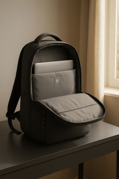 Travel bookbag with anti-theft lock and padded laptop sleeve illuminated by natural light.