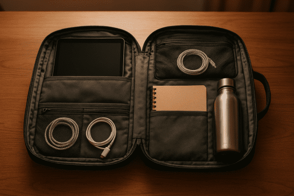 Flat lay of a travel bookbag with open modular compartments filled with organized essentials.