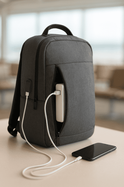Travel bookbag with built-in USB port and power bank in an airport lounge.