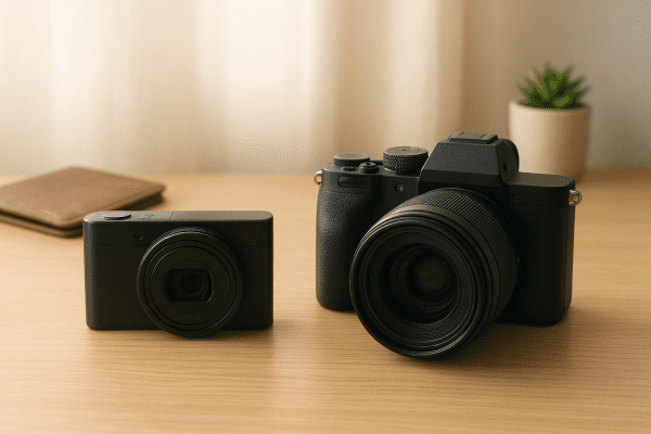 Two travel cameras with different lenses side by side on a sunlit wooden table, with subtle travel props in the background.